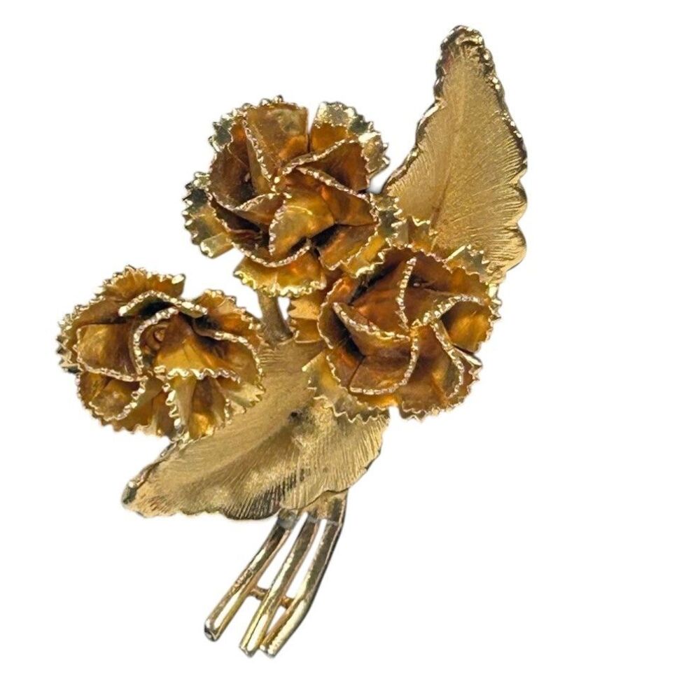 Vintage Gold Tone 3 Flower Rose Brooch Pin Mother's Day 2 1/4"